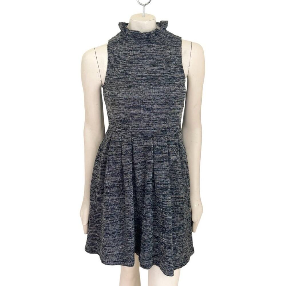 GANNI Anthropologie Ruffled Mock Collar Tweed Dress in Blue Gray  SZ XS
